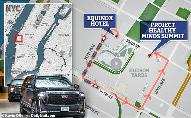 The Duke and Duchess of Sussex left a garage from 30th Street Hudson Yards to go around the block, in line with the one-way street, only to end up in another garage on 33rd Street less than 200 feet from the first garage .