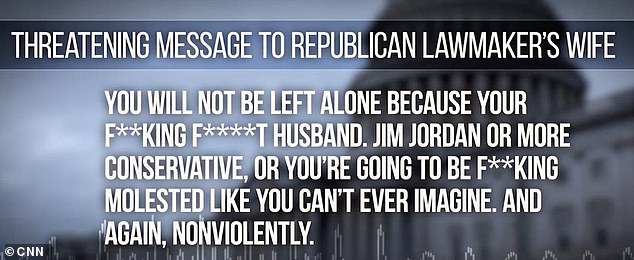 A chilling voicemail message was left for the wife of a Republican lawmaker who voted against Rep. Jim Jordan's bid to become Speaker of the House of Representatives
