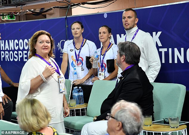 Chairman of Hancock Prospecting Gina Rinehart in conversation with swimmers Cate Campbell, Bronte Campbell and Kyle Chalmers at the 2018 Australian Swimming Trials