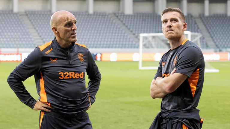 KOLOSSI, CYPRUS - OCTOBER 04: Rangers caretaker manager Steven Davis and assistant Alex Rae at Alphamega Stadium on October 04, 2023 in Kolossi, Cyprus.  (Photo by Alan Harvey/SNS Group)