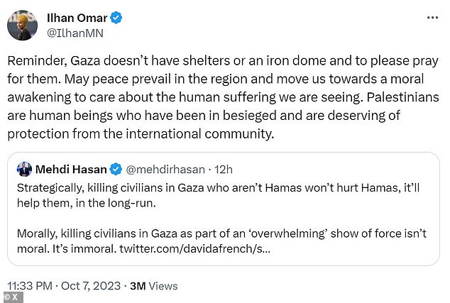 Rep.  Ilhan Omar called for 'international' protection in Gaza after the Palestinian terror group Hamas launched surprise multi-front attacks in Israel on Saturday.