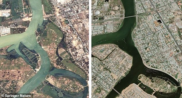 Scientists today issued a dire warning: stop building houses in flood hazard zones (areas prone to flooding due to climate change).  Pictured: Aerial photo of the same location in Qu¿ng Nam, Vietnam, in 2002 (left) and 2021 (right).  Note the expansion of buildings, mostly homes, in flood-prone areas near the water