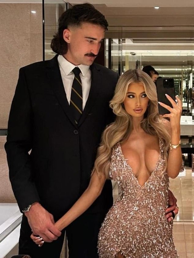 Model Chelsea Becirevic (right) has sparked a turf war between two high-profile columnists ahead of her move to Adelaide with AFL star boyfriend Ivan Soldo (left)