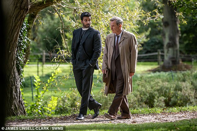 New beginnings: Robson Green was spotted filming Grantchester in Cambridge with new pastor Rishi Nair on Thursday afternoon