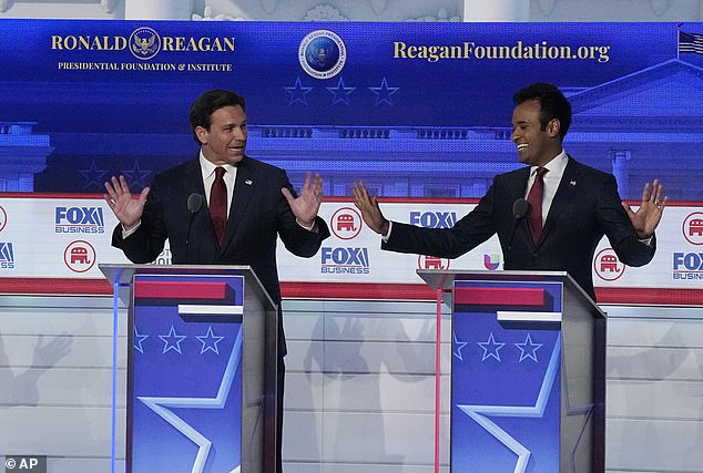 Florida Governor Ron DeSantis, left, argues a point with businessman Vivek Ramaswamy during a Republican presidential primary debate hosted by FOX Business