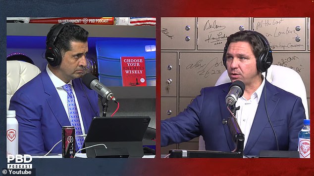 Podcaster Patrick Bet-David (left) asked Florida Governor Ron DeSantis (right) about a viral video that advanced the conspiracy theory that the 2024 hopeful's heeled boots contained real high heels