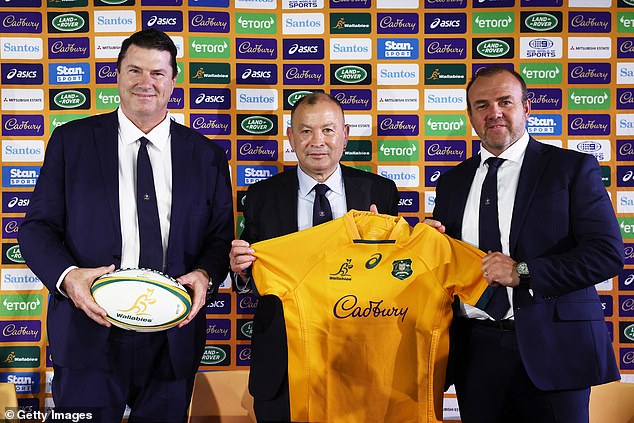 Hamish McLennan (pictured left with coach Eddie Jones, right, and former Rugby Australia CEO Andy Marinos) was confronted by an aggrieved Wallabies supporter in a restaurant