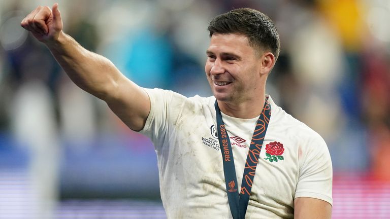 Ben Youngs cheers on the England fans after playing his final test match in the bronze World Cup final