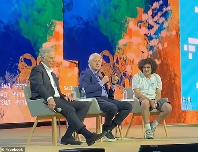 Sam Bankman-Fried pictured during a panel discussion with former President Bill Clinton and former British Prime Minister Tony Blair at the Crypto FTX/SALT conference in the Bahamas, April 2022