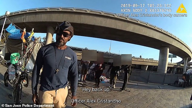 Shocking surveillance footage has revealed the moment two San Jose police officers beat, tased and pepper-sprayed a mentally ill homeless man and encouraged others at his camp to watch.