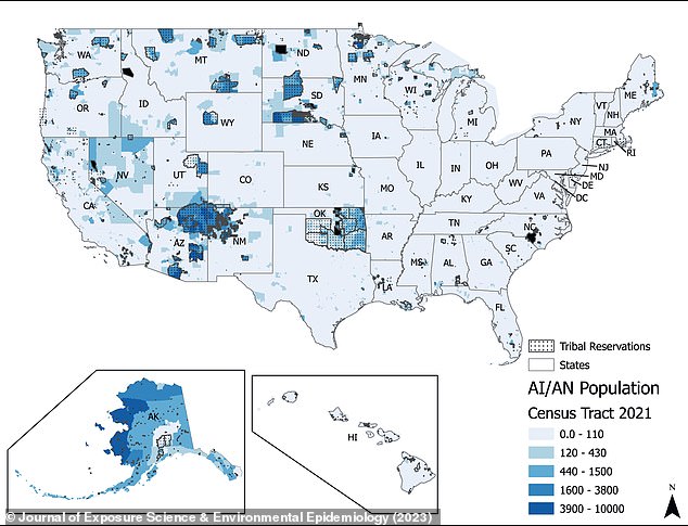 About 95 percent of the U.S. population drinks water from wells and community systems that contain unsafe levels of toxic contaminants, a new study finds.  The image shows a map showing the locations of the tribal population most affected by toxins in the waters