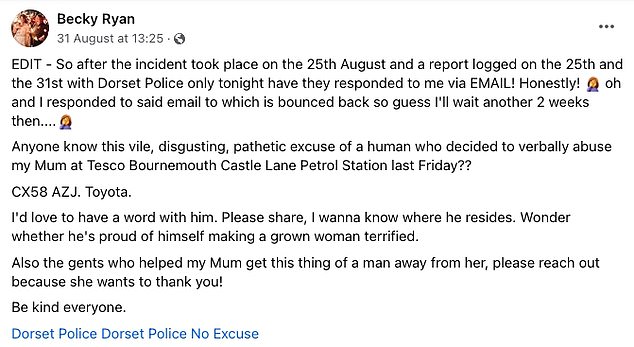 The video, which was reportedly recorded on August 25, was posted to Facebook by Becky Ryan as she appealed for people to identify the man who shouted at the woman, who she identified as her mother.