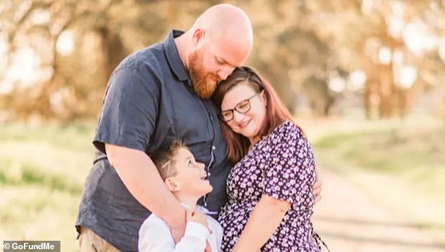 Elodie Alridge (pictured right) lost her unborn son at 34 weeks after a car crash in Shepperton.  She has undergone extensive surgery and is still in hospital.  Pictured: father Andrew Aldridge with Elodie and their son Zac before the accident.