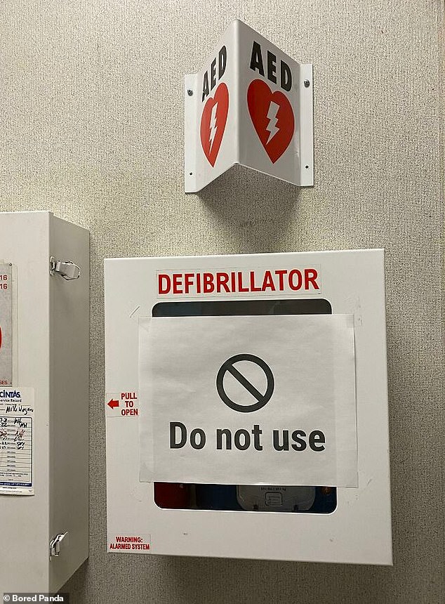 This image, which isn't exactly funny, shows a defibrillator, a life-saving medical device that appears to be out of use
