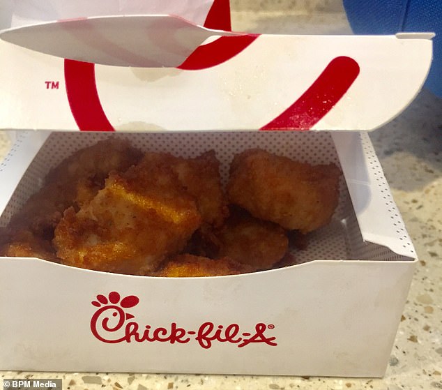 Sharp told DailyMail.com: 'I was as sick as a dog.  I've lost so much weight because of what happened.'  She said she contacted Chick-Fil-A in 2020 when it first happened and the restaurant apparently claimed there was nothing wrong with the meat (photo: regular Chick-Fil-A nuggets)