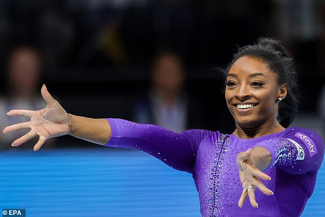 Biles performs on the Floor of the Women's Final of the Gymnastics World Championships