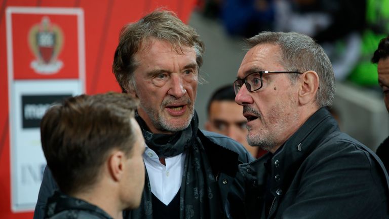 Sir Jim Ratcliffe and his brother Bob Ratcliffe talk ahead of the French League One football match between Nice and Paris Saint Germain at the Allianz Riviera Stadium in Nice, southern France, Friday, October 18, 2019.