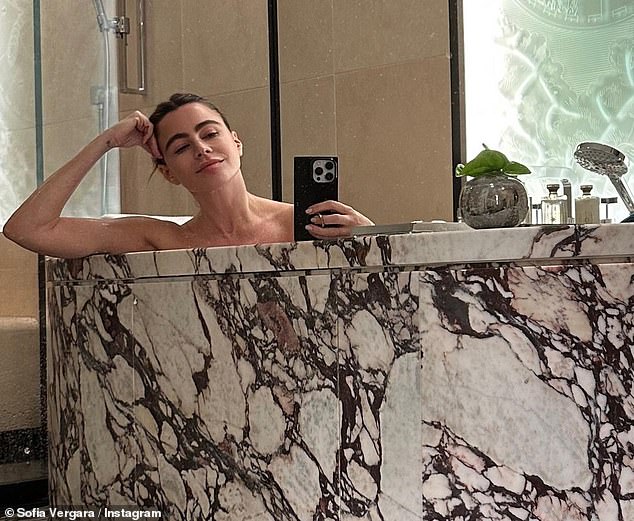 Relaxation mode: Sofia Vergara, 51, took a photo of herself relaxing in a luxurious marble bathtub at her lavish Paris hotel, which she shared on Instagram on Monday