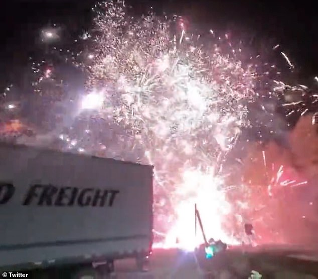 The collision in the town of Hope created a spark that ignited fireworks, creating a spectacular display that was caught on camera by fellow drivers