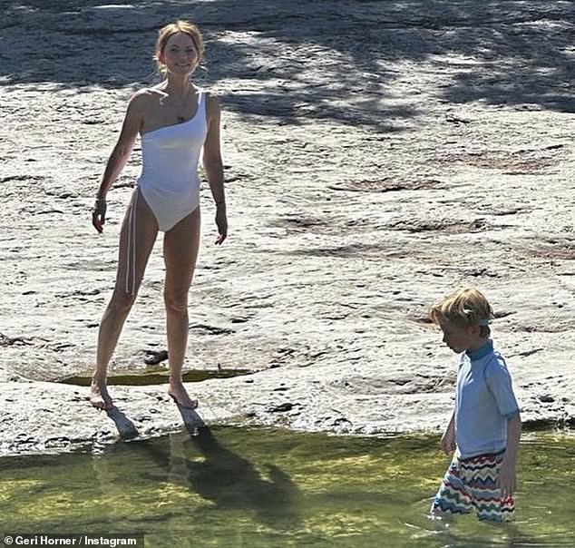 Wow: Geri Halliwell-Horner showed off her lithe physique in a signature white swimsuit for a day at the lake with her kids