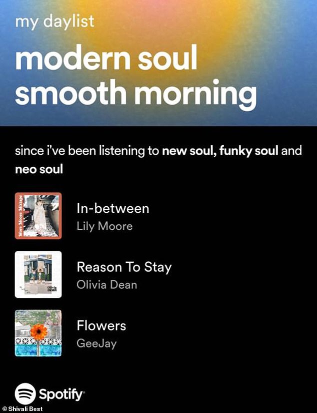MailOnline's Shivali Best was given early access to the tool, and scanned her daily list at 10.15am.  Based on her listening history, her playlist at this time was titled 