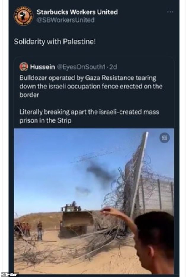 Starbucks Workers United, in a now-deleted tweet, posted a message of Solidarity with Palestine above a photo of Hamas operatives entering Israel during the terror attack