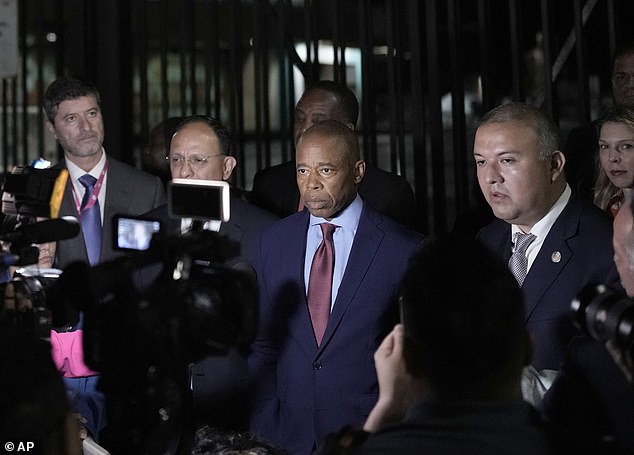 New York Mayor Eric Adams speaks to the press in front of the Basilica de Guadalupe on Wednesday after visiting the Shrine of the Virgin of Guadalupe in Mexico City