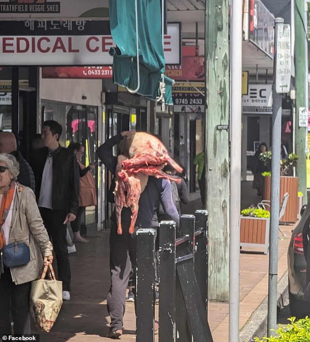 A 'meat lumper' sparked online debate by carrying two 'disgusting' carcasses along one of Sydney's main shopping streets.  Pictured: The photo of the dead animals posted on a suburban Facebook group