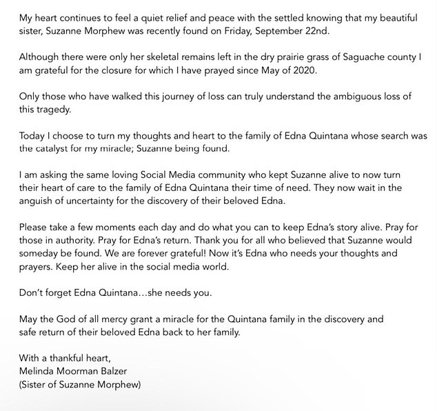 Morphew's sister, Melinda Balzer, released a statement saying she has found peace following the discovery of her sister's remains, and asks others to keep Edna Quintana - the other missing woman - in their thoughts