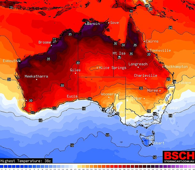 High temperatures will hit northern Western Australia and Northern Territory this weekend (photo, forecast for Saturday afternoon)