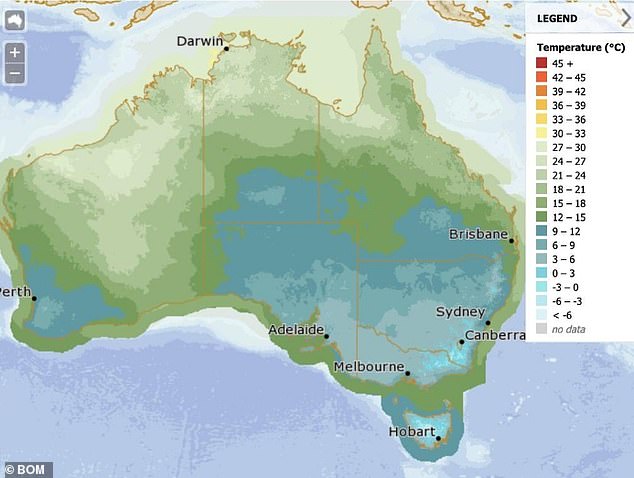 The cold front will move east from South Australia on Tuesday (photo, a map of temperatures on Thursday)