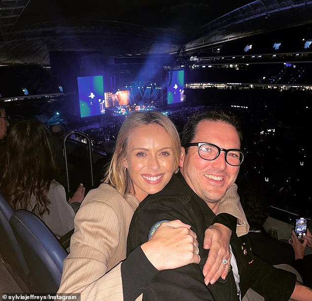 Sylvia Jeffreys and her husband Peter Stefanovic cuddled during a date night on Saturday.  Take a photo together