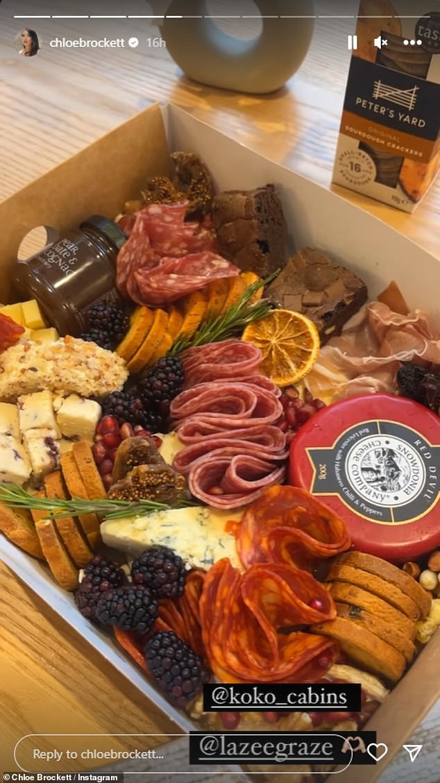 Delicious: Away from the luxury backdrop, the couple also enjoyed a huge grazing board with cured meats, blackberries, chocolate scones, chutneys and a selection of cheeses from Sussex-based company Lazee Graze.