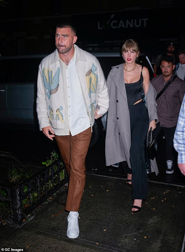 The Latest: Elm, a restaurant in New Canaan, Connecticut, where Taylor Swift, 33, and Travis Kelce, 34, reportedly dined, was swamped by hundreds of the singer's fans on Thursday.  Pictured last week in NYC