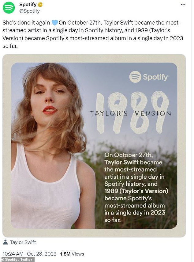 Streaming hit: Spotify announced that the singer had broken her previous record with the release of her new album 1989 (Taylor's Version)