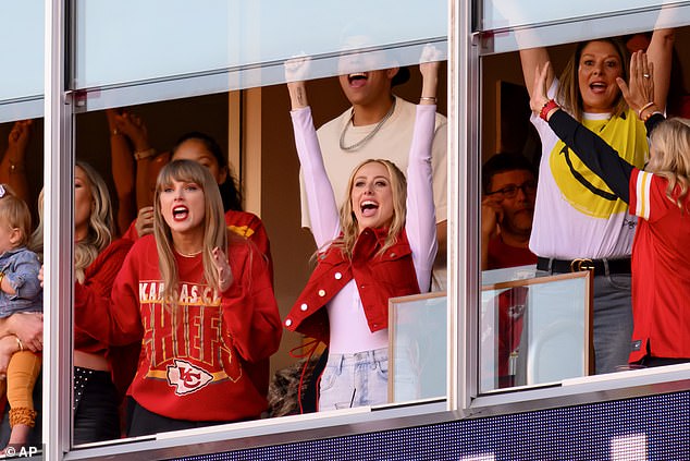 Taylor Swift, Brittany Mahomes and Randi Mahomes, with Jackson Mahomes in the back