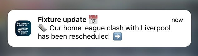 Tottenham fans panicked when they received this notification from the club's official mobile app on Thursday, amid the VAR controversy with Liverpool