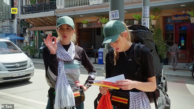 The Amazing Race's Bec Judd, 40, (left) suffered a public meltdown over fried tarantulas in Cambodia on Wednesday night, before being forced to leave the show after coming in last.  Pictured with sister Kate Twigley