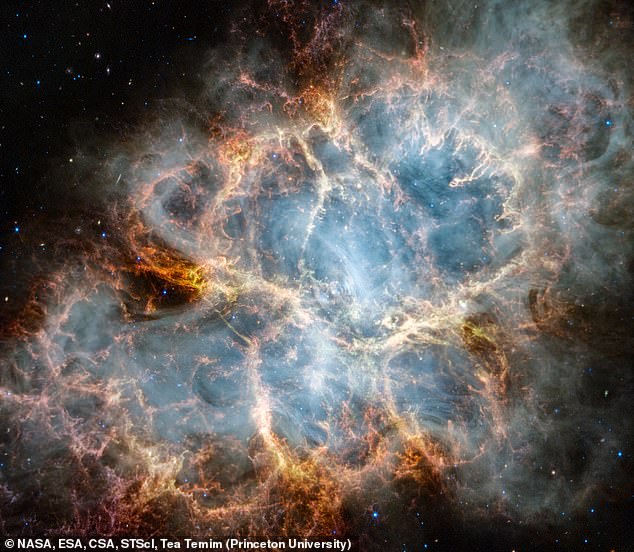 Wow: It's now possible to see the Crab Nebula like never before thanks to NASA's James Webb Space Telescope.  The magnificent object (pictured) is the remnant of a stellar explosion that lit up the sky nearly 1,000 years ago, and is bright enough to be seen on Earth from 6,500 light-years away.