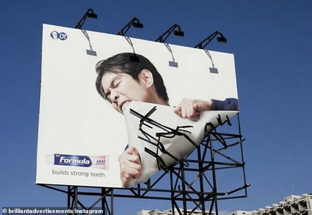 The clever billboards were shared on Instagram page @brilliantadvertisements and have been compiled into a gallery by Bored Panda.  A creative advertisement by Formula toothpaste, in Indonesia, featured a man biting the side of a billboard to promote the strength of teeth