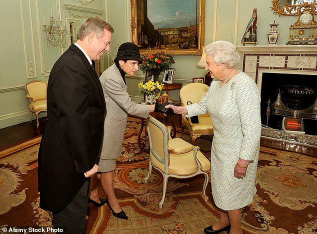 As one of the richest women in the world, the late Queen could probably have afforded all 775 rooms in Buckingham Palace to be warmly heated.  But sticking to sound financial sense, she opted to warm individual rooms with twin-rod electric fireplaces or convection heaters.  Here she is shown greeting former Australian High Commissioner Mike Rann and his wife in 2013