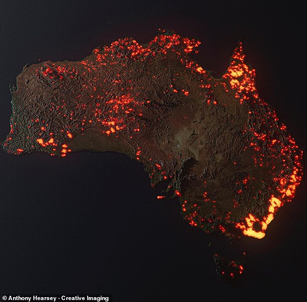 The Bureau of Meteorology has predicted an extremely hot and dry summer (pictured: a composite image from NASA satellites showing where fires ravaged the country in summer 2019/2020)