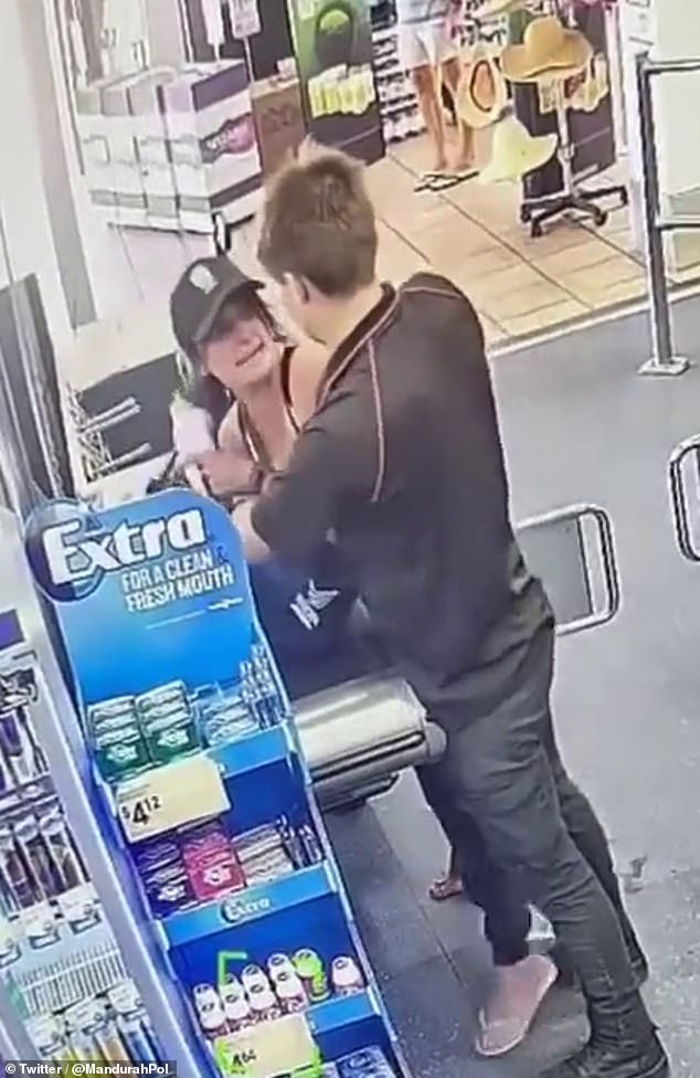 CCTV footage shows the staff member grabbing the woman's bag to search for suspected stolen goods before rushing back and attacking him.
