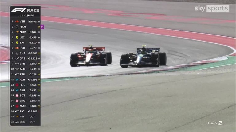 Lewis Hamilton passes Lando Norris to take second place again during the Austin Grand Prix