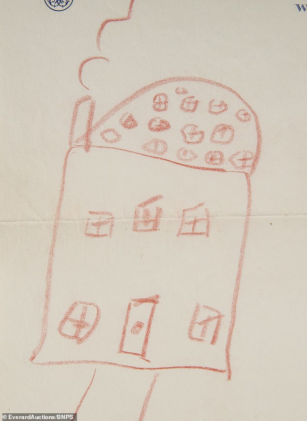 A never-before-seen drawing by a young Princess Elizabeth for Peter Pan author JM Barrie has appeared for sale almost a century later.  The chalk drawing of a house with many windows was sent to Barrie along with an apologetic letter from Queen Elizabeth, the Queen Mother