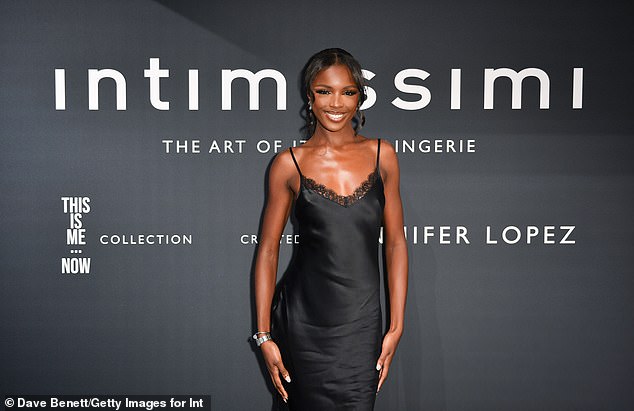 Model moment: Supermodel Leomie, 30, wowed in a strapless black silk slip dress with a lace-embellished neckline