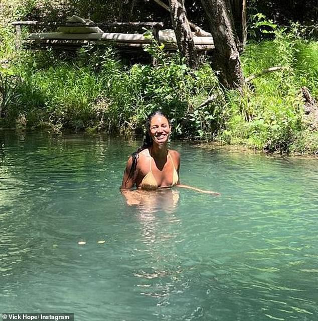 Stunning: Vick Hope looked nothing short of sensational as she slipped into a bikini while taking a dip in a river