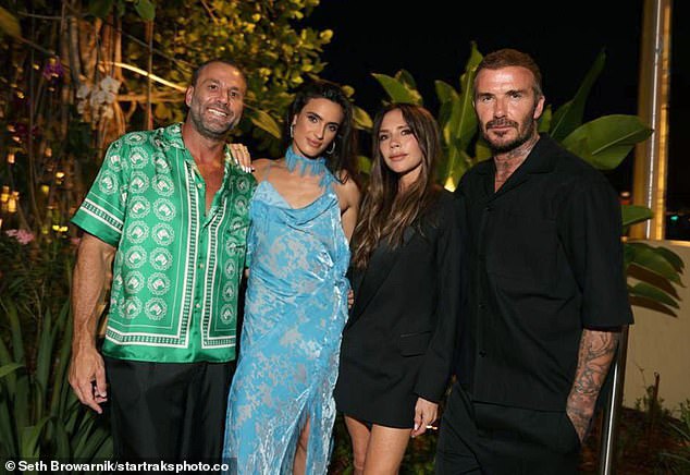 Party: Victoria Beckham, 49, put on a chic display as she joined husband David, 48, to celebrate the opening of friend David Grutman's Italian restaurant in Miami on Friday