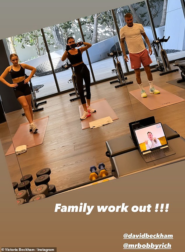 Exercise: Victoria Beckham, 49, led a family workout with her husband David, 48, and their daughter Harper, 12, on Thursday