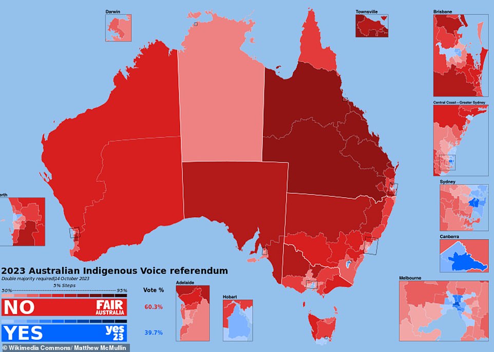 Every state in Australia returned a No result on Saturday night, with Queensland seeing the Voice's strongest rejection of any state or territory.  The darker the red, the bigger the No vote.  Blue represents countries that voted Yes